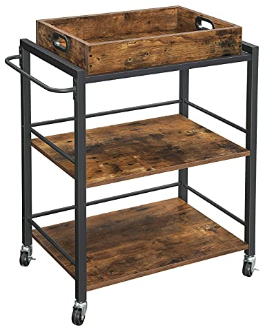 VASAGLE Servierwagen, Küchenwagen, abnehmbares Tablett, mit verstellbaren Füßen und Rollen, Küchenregal, Stahlrahmen, 40 x 72 x 86 cm, Industrie-Design, vintagebraun-schwarz LRC72X