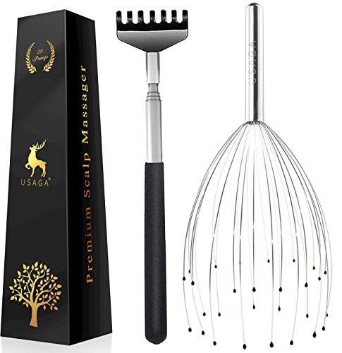 USAGA 28 Fingers (3rd Generation) Head Massager, Scalp Massager, Head Scratcher, Extendable Back Scratcher for Stress Relief, Hair Stimulation and Body Relaxing