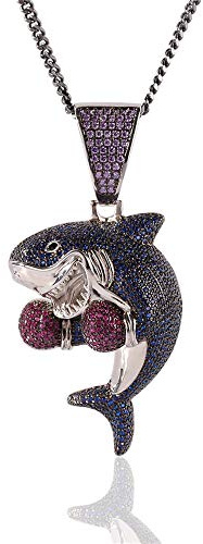 Fantex 18K vergoldeter Boxhai Anhänger mit schwarzer kubanischer Panzerkette, Iced Out CZ Lab Diamant Hip Hop Charm Halskette für Männer Frauen