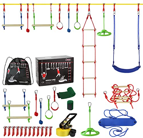 ALPIDEX Ninja Line Kinder Slackline Hindernisse Set Turnringe Seilknoten Schaukel Kletterleiter Zubehör Erweiterbar Warrior Parcours 7 Jahre Garantie auf Material*, Stil:Max