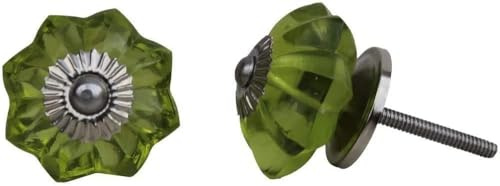 KPAVIR Crystal Glass Cabinet Knobs – Decorative Drawer Pulls with Silver Metal Base, Vintage Flower Design for Kitchen Cabinets, Dresser, Wardrobe & Furniture (Green, Set of 6)