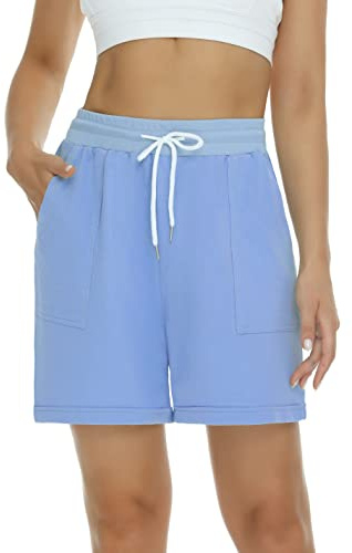 Enjyam Klassisk bermudashorts i 100 % bomull, sportshorts, fukttransporterande aktivitetskläder med fickor, vandringsshorts, pyjamasbyxor, Ljusblått, XL