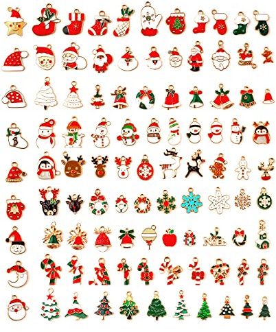 AIEX 100 Pcs Christmas Pendant Charms, Xmas?Enamel?Charm Bulk Snowman Santa Claus Christmas Tree Elk Bells Snowflakes Various Patterns for Jewelry Making DIY Earrings Necklace Bracelet Crafts