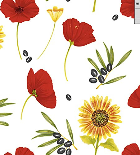 ecosoul Wachstuchtischdecke Gartentischdecke Wachstuch Basique White weiß mit rotem Mohn, Sonnenblumen und Oliven in 140cm Breite Meterware Länge wählbar (180cm x 140cm)