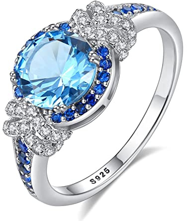 Bellitia Jewelry Bague avec Topaze Bleue et Zircone Cubique en Argent Sterling 925 pour Elle, Anneau d'Anniversaire Promesse Mariage pour Femme, Mère, Fille