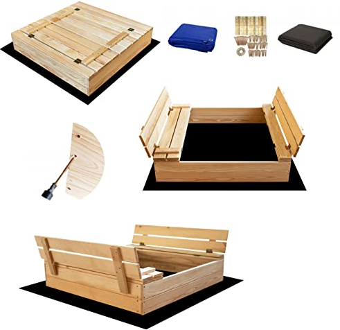 SunWood Sandkasten 100x100 cm Unbehandelt Premium Sandbox mit Abdeckung Sitzbänken Deckel Plane Sandkiste Holz Kiefer Sandkastenvlies (Natur-unbehandelt)