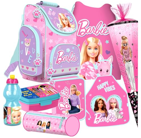 Barbie Mattel Schulranzen 9 Teile Set Ranzen Tornister Schultüte 85 cm mit Sticker-von-Kids4shop Tasche Federmappe Puppen Motiv