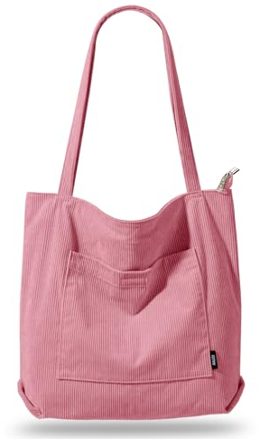 KALIDI Cord Tasche Damen Umhängetasche mit Reißverschluss Wasserdicht Tote Bag mit Taschenfach Groß Shopper Tasche Handtasche Schultertaschen für Arbeit Büro Reisen Einkaufen Schule (PInk)