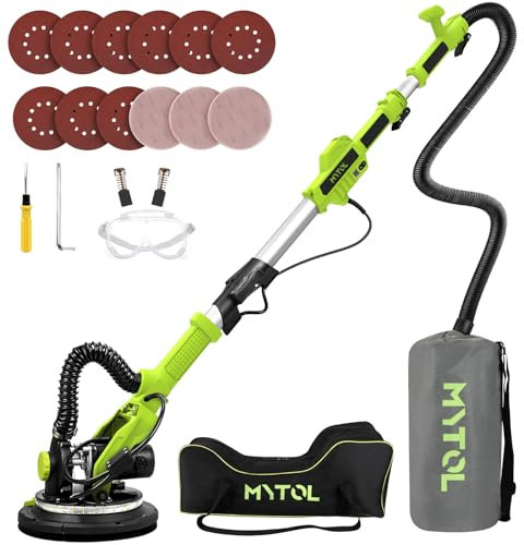 MYTOL Drywall Sander, 7.2A Electric Drywall Sander with Vacuum Dust Collection, 6 Variable Speed 900-1800RPM, LED Light, Foldable & Extendable Handle, 9 Pcs Sandpaper&3 Pcs Grid Sandpaper, Full Green