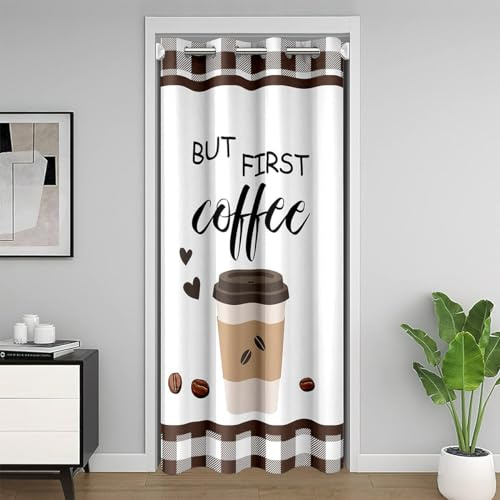 richhome Kaffee Tür Vorhang Für Privatsphäre Tropische Pflanze Kaffee Bohnen Vorhang Für Schlafzimmer Braun Weiß Plaid Check Für Schrank Raum 1 Panel 106x203
