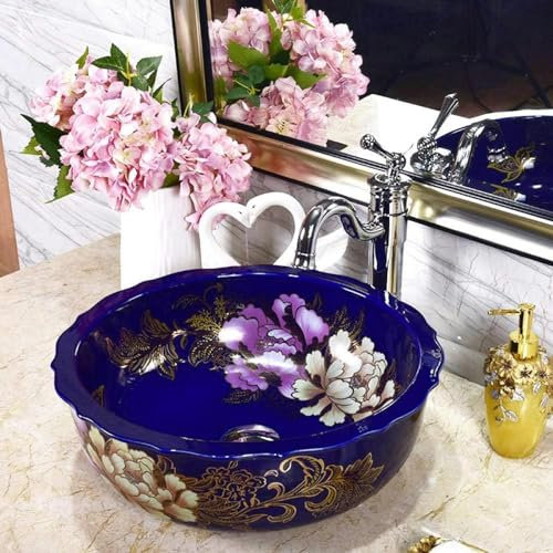 Lavabo da appoggio Lavabo da appoggio in ceramica stile vintage fatto a mano Lavabo da appoggio in ceramica Lavabo da bagno blu（1pc）