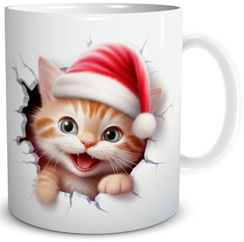 TRIOSK Weihnachtstasse 3D Illusion Katze mit Weihnachtsmotiv Becher-Durchbruch - Lustige Geschenkidee für Frauen, Katzenliebhaber, Männer & Kollegen - Keramik-Tasse 300 ml, Rot