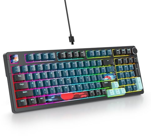 SOLIDEE Wired 95% Mechanische Gaming-Tastatur Hot Swappable,Gasket Structure RGB Hintergrundbeleuchtung,98 Tasten Mechanische Tastatur mit Steuerknopf,PBT Tastenkappen NKRO-Tastatur(98 Monstor)