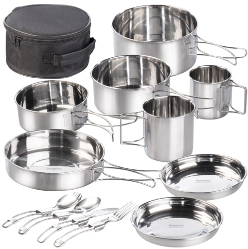 Semptec Urban Survival Technology Camping Kochset: 12-teiliges Edelstahl-Campinggeschirr-Komplettset mit Besteck & Tasche (Camping Kochgeschirr, Campingtopf, Campingkocher Gas)