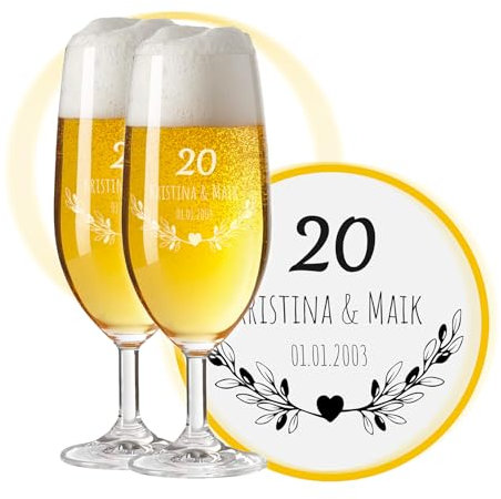 LALALO Biergläser mit Gravur zum 20. Hochzeitstag, Porzellanhochzeit Geschenk, Leonardo Pils Biertulpe personalisiert, Jahrestag Porzellan-Hochzeit (Sommerliebe)