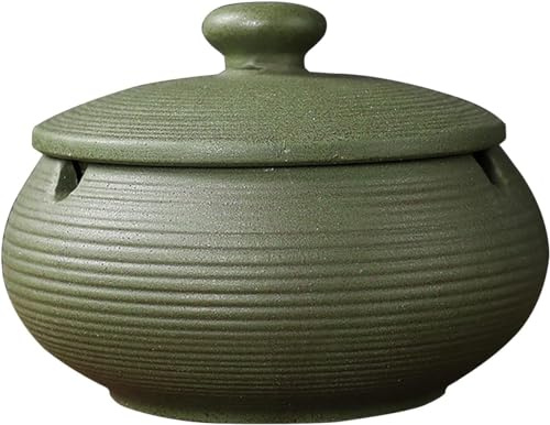 Keramik-Aschenbecher mit Deckel,Aschenbecher für den Innen- oder Außenbereich,Retro windaschenbecher Handgemachte Kreativer Sturmaschenbecher als Dekoration für Zuhause und Büro (Dunkelgrün)