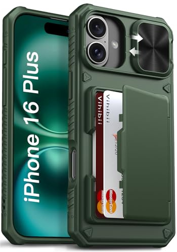 Vihibii for iPhone 16 Plus Case with Card Holder (4 Cards), Green | [RFID Blocking], Slide Camera Cover, Military Grade Drop Protection, Rugged Hard Back, Silicone Edge Wallet Phone Case, 6.7