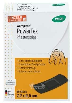WERO Weroplast PowerTex Pflasterstrips 7,2 cm x 2,5 cm, 50 Stk/Pkg | Textilpflaster schwarz, extra starke Klebkraft, elastisch & luftdurchlässig