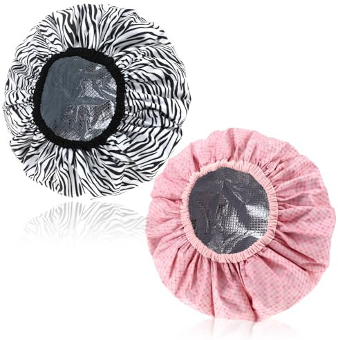 JJUNW 2 cappucci a doppio strato per condizionamento profondo, in lamina di alluminio, riutilizzabili, per doccia, trattamenti per capelli, uso domestico e salone (rosa + strisce)