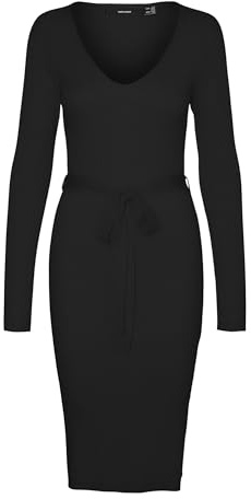 VERO MODA Vmmsaba Rib LS V-Neck Belt Dress Ga Noos, Nero, S