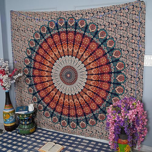FURNISHFUL FINESSE Wandteppich, Gold Blau, 228 x 274 cm | Dekorative Baumwoll-Wanddecke für Wohnzimmer, Schlafzimmer oder Boho-Räume; vielseitig als Wandbehang und Heimdeko.