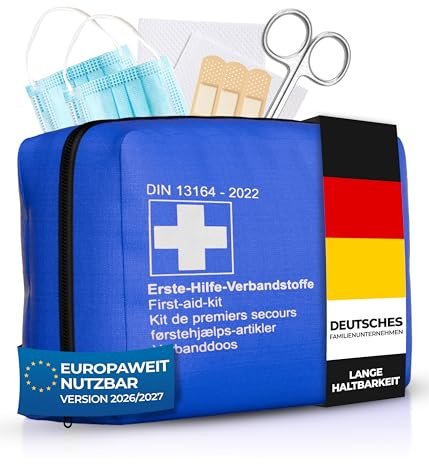 Thomatex® KFZ Verbandstasche 2026/2027 [DIN 13164-2022] – Kompakter Verbandskasten – Lange Haltbarkeit – Erste-Hilfe-Set, StVO-konform – Blau