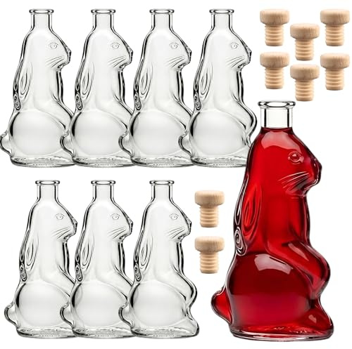 gouveo 8er Set Glasflaschen Hasenform 200 ml (0,20 l) Osterflasche 200 ml Ostern Hasenform mit Holzgriffkorken, Klarglas Dekoflasche Hasenflasche für Ostern (OHF200HGK)