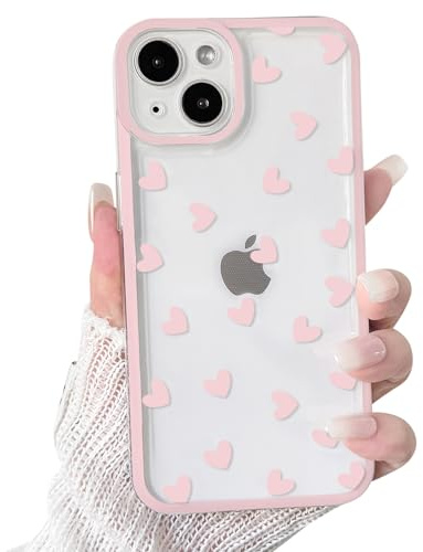 NITITOP Compatible with iPhone 13 Mini Case Cute Clear Light Pink Love Heart Pattern for Girls Women Soft TPU Transparent Colourful Frame Full Camera Lens Shockproof Protective Cover - Light Pink