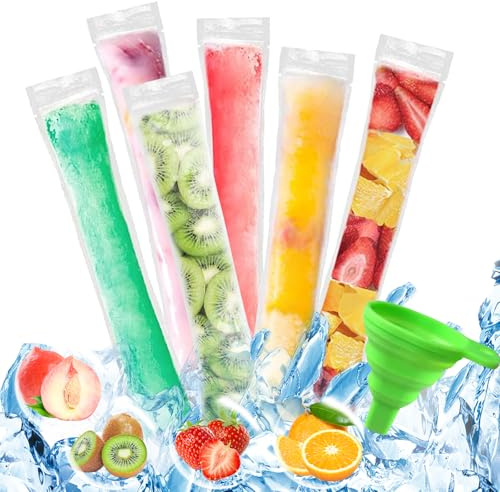 Sacs Popsicle, Lot de 200 DIY Popsicle Pochettes, avec 1 entonnoir en silicone, Moule Sacs Popsicle, Sacs de Sucettes Glacées, Sac de Nourriture pour Barres de Popsicle, pour Yaourt, Jus