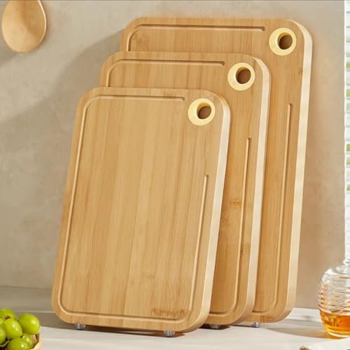 SDGBCXD, Bamboo Cutting Board Set of 3 Reversible Rectangle Charcuterie Board with Hanging Hole Large Pizza Bread Meat Serving Tray for Vegetables Chopping Board for Kitchen,Chopping Board