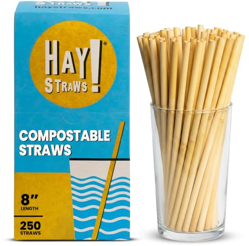 Hay Straws 8 inch Compostable Drinking Straw Eco Friendly, 250 Count Biodegradable Disposable Straw for Juices, Smoothies, Sturdy Plant-Stem Straws, No Paper, Plastic-Free (5–6.5mm)
