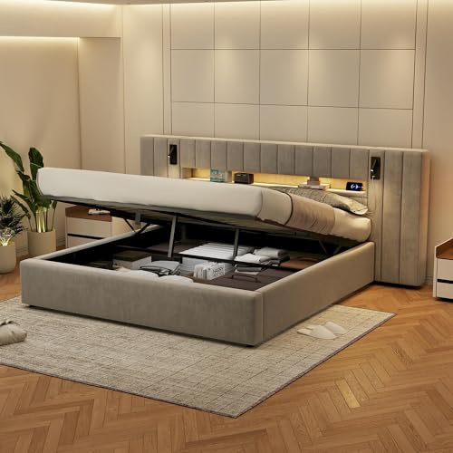 Bett 180x200 mit LED und USB, Polsterbett 180x200 cm mit Stauraum und Kopfteil, Doppelbett mit Lattenrost Stauraumbett Hydraulisches Jugendbett Modernes Bettgestell, Aus Samt Grau(ohne Matratze)