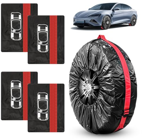 Set di 4 borse per pneumatici, per pneumatici fino a 19 – 23 pollici, custodia protettiva per pneumatici per trasporto e stoccaggio puliti, impermeabile, antipolvere, lavabile (nero rosso)