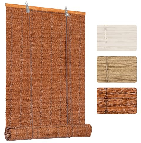 Grandekor PE Outdoor Rollo Wetterfest Bambus Look für Fenster Tür,B100 x H220 cm Braun,Imitation Bambusrollo Sonnenschutz, Blickdicht UV-Schutz für Innen-& Aussenbereich, Einfache Montage