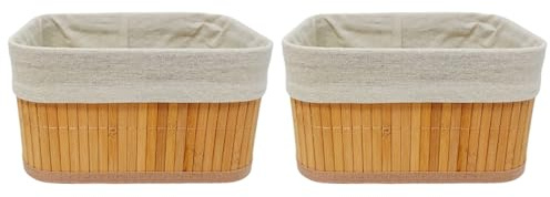 Acan Tradineur - Pack de 2 cestas rectangulares de bambú, incluyen forro interior de tela extraíble y lavable, ligeras, organización del hogar (Color natural - 22 x 17 x 12 cm)