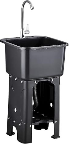 Lavandino con rubinetto girevole a 360°, vasca da lavanderia in plastica autoportante con ripiano per lavabo, per garage, laboratorio, lavanderia e giardino, nero, 60 x 40 x 76 cm