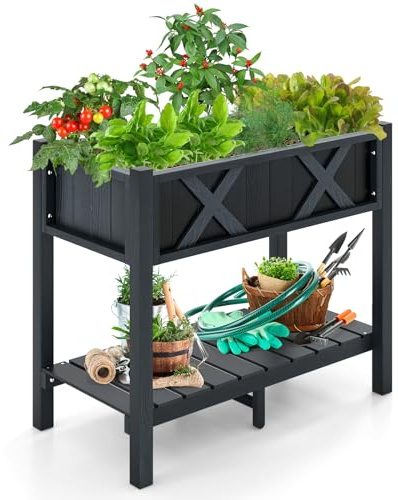 RELAX4LIFE Jardinière sur Pieds Extérieur en HIPS Résistant aux Intempéries | Carré Potager Surélevé avec Étagère de Rangement et Trous de Drainage pour Fleur, Légume, Fruit, Noir