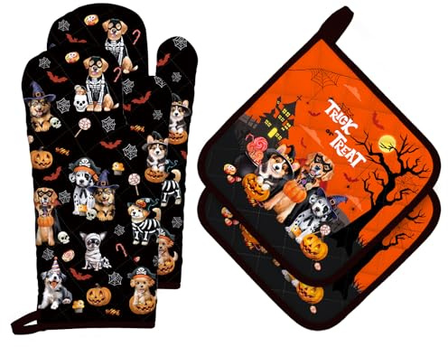 Arquiel Halloween Hund Ofenhandschuh und Topflappen 4er-Set Baumwolle | Baumwoll-Küchenset mit Halloween Hund-Motiv, hitzebeständig und praktisch zum Kochen, Backen und Grillen.