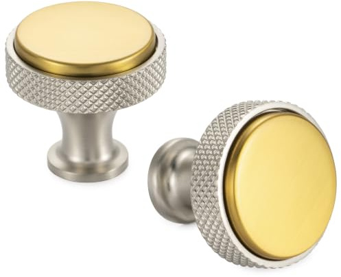 KOOFIZO 10 Pack Gold and Nickel Kitchen Cabinet Knobs Brushed Gold and Silver Drawer Knobs K28 Knurled Round Single Hole Cabinet Pulls for Cabinets Drawers Dresser Cupboard Bedroom Bathroom
