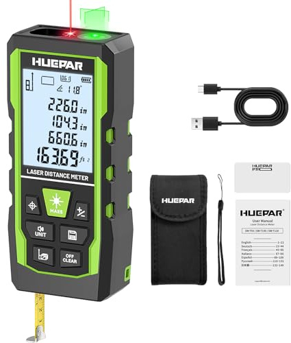 Laser Measuring Tool 3-in-1, Huepar 165 Ft Laser Measure & 33 Ft Green Cross Line Laser Level & 6.5 Ft Tape Measure, Rechargeable, Voice Broadcast, Multi-Mode, Rugged for Construction&Home Use, SW-T50
