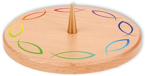 FRITZ COX Kerzenteller aus Buchenholz mit Regenbogen-Fischkreis – Ø 12?cm | mit Dorn & Gummifüßen | Farbe: Natur | christliches Design – für Taufkerze, Kommunionkerze, Tischdeko