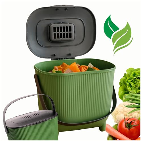 Bio‑Komposteimer 10 L mit Deckel, Aktivkohlefilter & Tragegriff – platzsparend & geruchsfrei für Küche, recycelbar – Grün mit grauem Deckel – Kamai Home