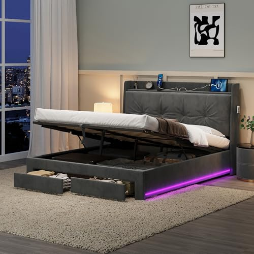 Upholstered Bed Frame with Hydraulic Lift & Drawers & Back Cushion Headboard, 4ft6 Double Bed Frame with RGB LED Lighting & Charging Station, Velvet Functional Ottoman Storage Beds, Grey, No Mattress