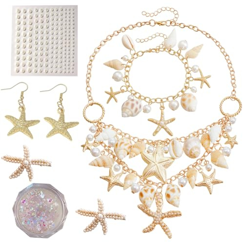 Qnvyw Meerjungfrau Schmuck Set mit Muschel Ohrringen & Halskette - Karneval Kostüm Zubehör für Frauen, Maritime Accessoires für Unterwasser-Party