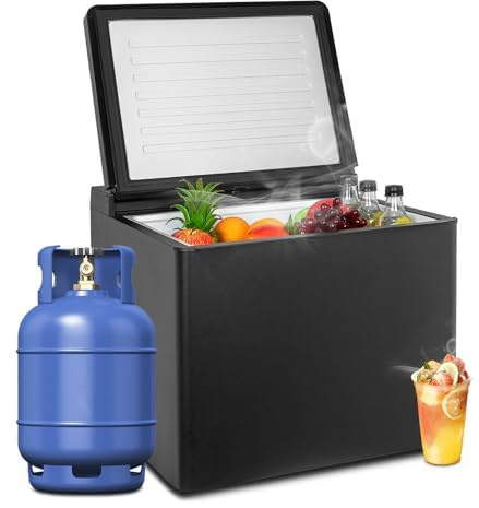 Techomey Absorber Kühlbox für Auto & Camping - Kühlbox 12v 230v,40L, Gas Kühlschrank lautlos, Schlafzimmer und Wohnwagen Kühlschrank,Oberklappen,Schwarz