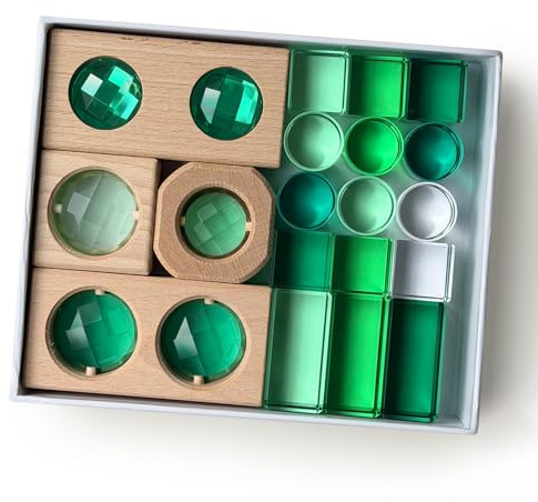Acryl Bausteine Set, 19-teilig lichtbausteine, Stapelbar für Lichteffekte | Transparente Acryl Bausteine Würfel, Quader, Zylinder & Holz-Gem-Würfe, Sensorik Förderung bei Kindern (Green)