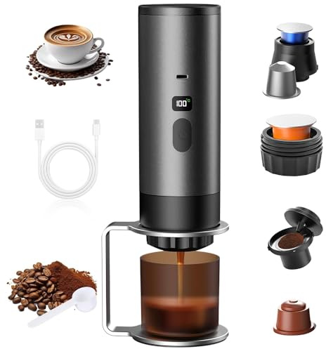 SKJJM 3-in-1 Portable Coffee Maker, Espresso Coffee Machine Electric Capsule Coffee Maker Self-Heating & USB-C, Travel Coffee Maker with LED Display for Ground Coffee & Big Capsule, Small Capsule