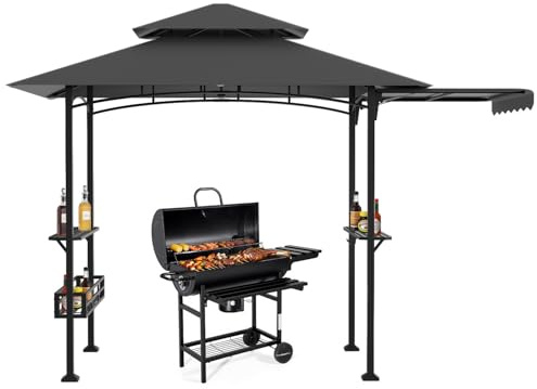 Eikuavons Grillpavillon 238 x 148 x 242 cm mit Seitenvordach, BBQ Pavillon mit Doppeldach, 2 Seitenablagen, Ablagekorb 10 Haken Flaschenöffner, UV30+ Sonnenschutz, für Garten und Terrasse, Dunkelgrau