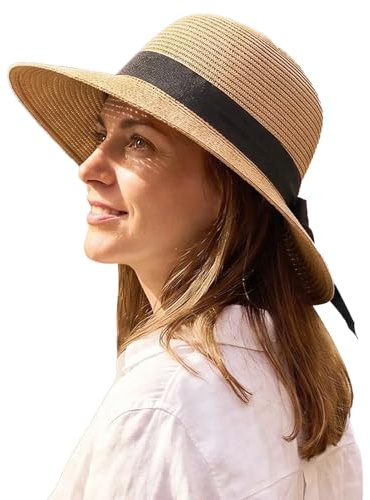 WSXQAZ Sombrero de Sol para Mujer, Sombrero Paja Mujer con Lazo, Sombreros de Sol ala Ancha Verano, Sombreros Mujer Verano, Paja de Veranos Plegable de ala Ancha, para Viaje Playa Piscina Vacaciones