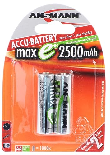ANSMANN Akku AA Mignon 2500mAh 1,2V NiMH - wiederaufladbare Batterien AA Akkus maxE (geringe Selbstentladung & vorgeladen) ideal für Spielzeug, Funk-Tastatur/Maus, Wii & Xbox Controller (2 Stück)